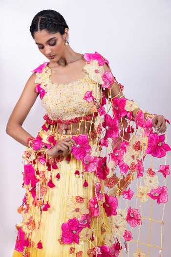 Buy Smriti By Anju Agarwal Yellow Chinon Square Neck Nomade Bloom Lehenga Set Buy_Smriti By Anju Agarwal_Yellow Chinon Square Neck Nomade Bloom Lehenga Set