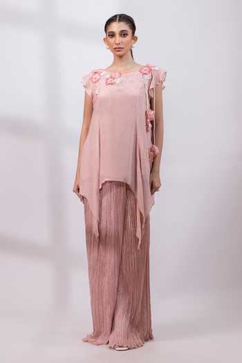 Smriti By Anju Agarwal_Pink Chinon Round Neck Whispers Of Spring Top And Pant Set _Online_at_Aza_Fashions