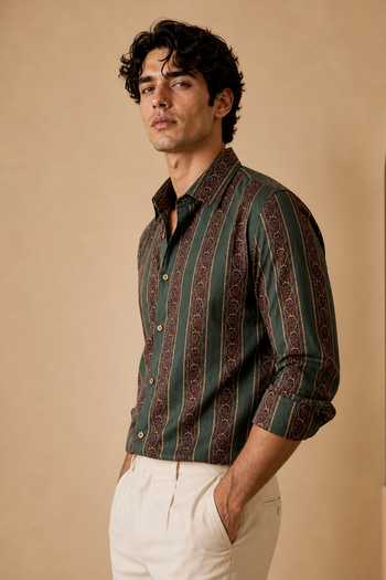 Mayank Modi - Men_Green Cotton Botanical Grid Heritage Printed Shirt _Online_at_Aza_Fashions