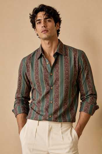 Mayank Modi - Men Botanical Grid Heritage Printed Cotton Shirt 