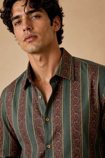 Buy_Mayank Modi - Men_Green Cotton Botanical Grid Heritage Printed Shirt _Online_at_Aza_Fashions