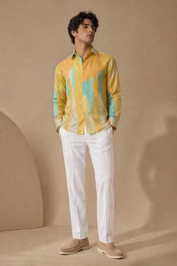 Mayank Modi - Men_Yellow Muslin Teal Nectar Meridian Print Shirt _Online_at_Aza_Fashions
