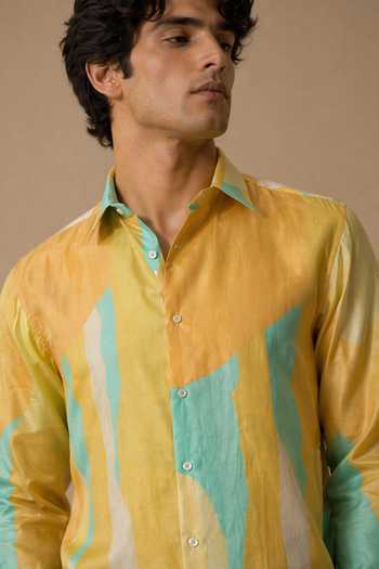 Buy_Mayank Modi - Men_Yellow Muslin Teal Nectar Meridian Print Shirt _Online_at_Aza_Fashions