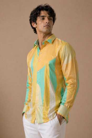 Shop_Mayank Modi - Men_Yellow Muslin Teal Nectar Meridian Print Shirt _Online_at_Aza_Fashions