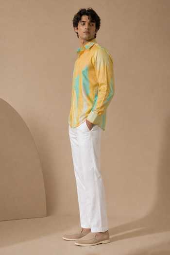 Mayank Modi - Men_Yellow Muslin Teal Nectar Meridian Print Shirt _at_Aza_Fashions