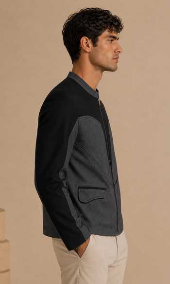 Mayank Modi - Men Black Cotton Sesame And Slate Ganache Bomber Jacket Online at Aza Fashions Mayank Modi - Men_Black Cotton Sesame And Slate Ganache Bomber Jacket _Online_at_Aza_Fashions