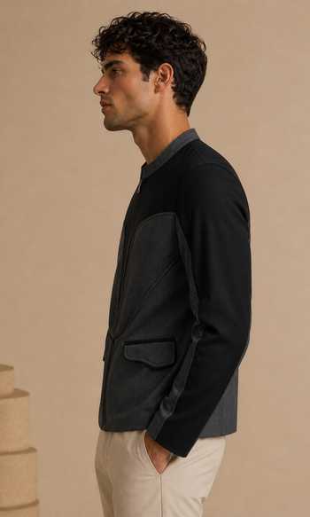Shop Mayank Modi - Men Black Cotton Sesame And Slate Ganache Bomber Jacket Online at Aza Fashions Shop_Mayank Modi - Men_Black Cotton Sesame And Slate Ganache Bomber Jacket _Online_at_Aza_Fashions