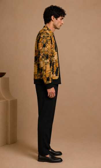 Shop Mayank Modi - Men Black Muslin Mustard Peppercorn Ganache Bomber Jacket Online at Aza Fashions Shop_Mayank Modi - Men_Black Muslin Mustard Peppercorn Ganache Bomber Jacket _Online_at_Aza_Fashions