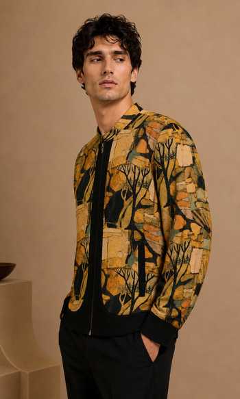 Mayank Modi - Men Black Muslin Mustard Peppercorn Ganache Bomber Jacket at Aza Fashions Mayank Modi - Men_Black Muslin Mustard Peppercorn Ganache Bomber Jacket _at_Aza_Fashions