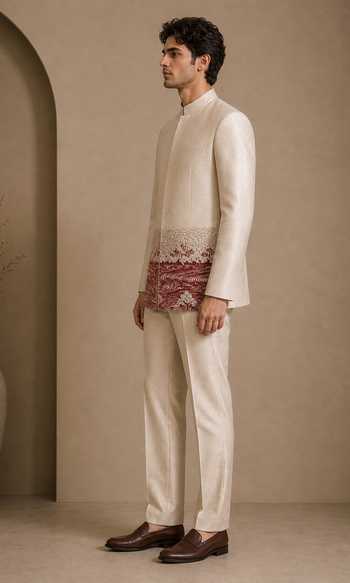 Mayank Modi - Men_Beige Silk, Bemberg Embroidery Salted Cream Earth Float Bandhgala _Online_at_Aza_Fashions