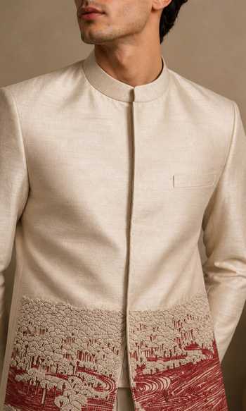 Buy_Mayank Modi - Men_Beige Silk, Bemberg Embroidery Salted Cream Earth Float Bandhgala _Online_at_Aza_Fashions