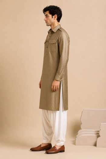 Buy_Mayank Modi - Men_Gold Bemberg, Silk Rust Ganache Kurta Set _Online_at_Aza_Fashions