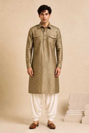 Shop_Mayank Modi - Men_Gold Bemberg, Silk Rust Ganache Kurta Set _Online_at_Aza_Fashions