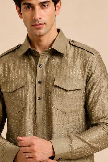 Mayank Modi - Men_Gold Bemberg, Silk Rust Ganache Kurta Set _at_Aza_Fashions