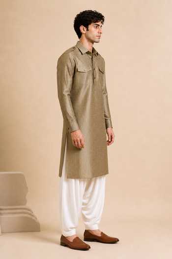 Buy_Mayank Modi - Men_Gold Bemberg, Silk Rust Ganache Kurta Set 