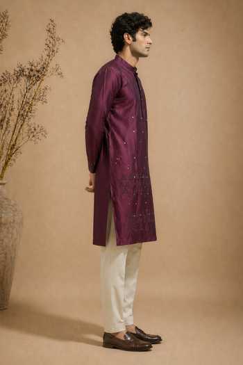 Shop_Mayank Modi - Men_Purple Chanderi Plum Truffle Glaze Kurta And Pant Set _Online_at_Aza_Fashions