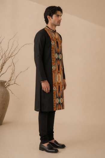 Mayank Modi - Men_Black Silk, Bemberg Burnt Toffee Shadow Float Kurta Set _Online_at_Aza_Fashions