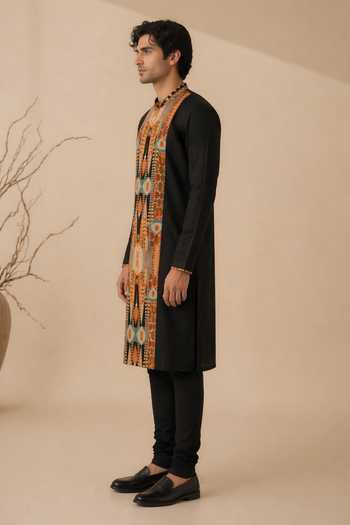 Buy_Mayank Modi - Men_Black Silk, Bemberg Burnt Toffee Shadow Float Kurta Set _Online_at_Aza_Fashions