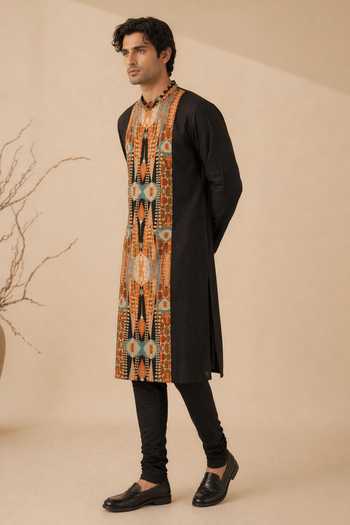 Mayank Modi - Men_Black Silk, Bemberg Burnt Toffee Shadow Float Kurta Set _at_Aza_Fashions