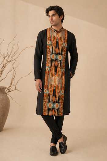 Mayank Modi - Men Burnt Toffee Shadow Float Kurta Set 