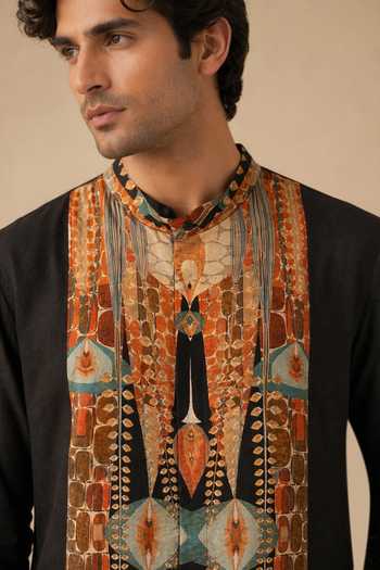 Buy_Mayank Modi - Men_Black Silk, Bemberg Burnt Toffee Shadow Float Kurta Set 