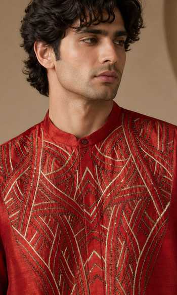 Mayank Modi - Men_Rust Bemberg, Silk Patterned Yoke Kurta Set _at_Aza_Fashions