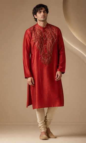 Mayank Modi - Men Patterned Yoke Rust Kurta Set 