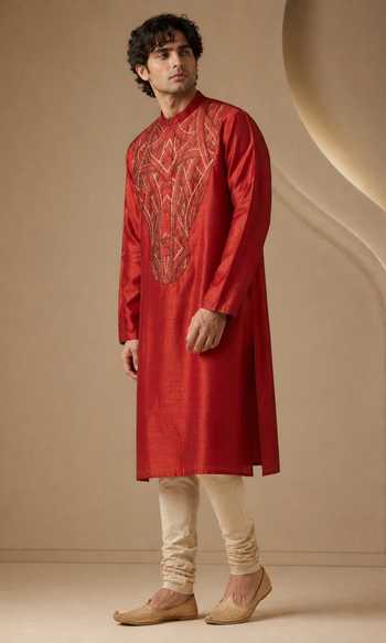 Buy_Mayank Modi - Men_Rust Bemberg, Silk Patterned Yoke Kurta Set 
