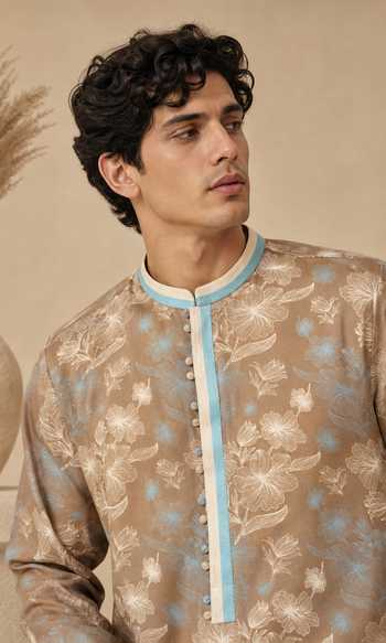Mayank Modi - Men_Blue Muslin Monochrome Pulse Duo Print Kurta Set _at_Aza_Fashions
