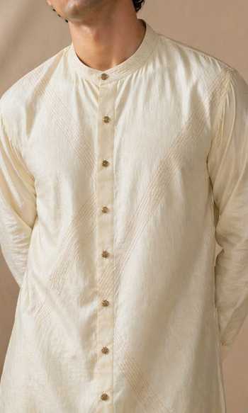 Buy_Mayank Modi - Men_Ivory Silk, Bemberg Sand Luxe Shirt Kurta Set _Online_at_Aza_Fashions