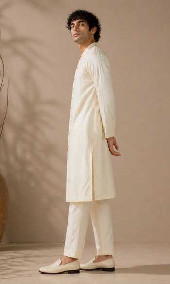 Shop_Mayank Modi - Men_Ivory Silk, Bemberg Sand Luxe Shirt Kurta Set _Online_at_Aza_Fashions