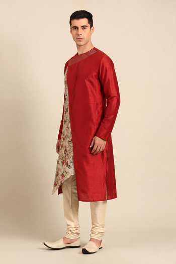 Mayank Modi - Men_Red Silk, Chanderi Toasted Ginger And Botanical Glaze Printed Kurta Set _Online_at_Aza_Fashions