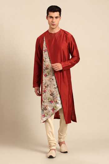 Shop_Mayank Modi - Men_Red Silk, Chanderi Toasted Ginger And Botanical Glaze Printed Kurta Set _Online_at_Aza_Fashions