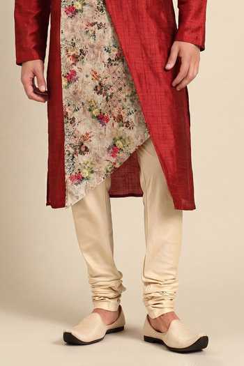 Mayank Modi - Men_Red Silk, Chanderi Toasted Ginger And Botanical Glaze Printed Kurta Set _at_Aza_Fashions