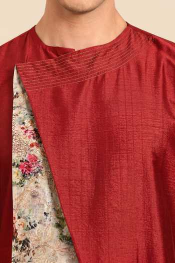 Buy_Mayank Modi - Men_Red Silk, Chanderi Toasted Ginger And Botanical Glaze Printed Kurta Set 