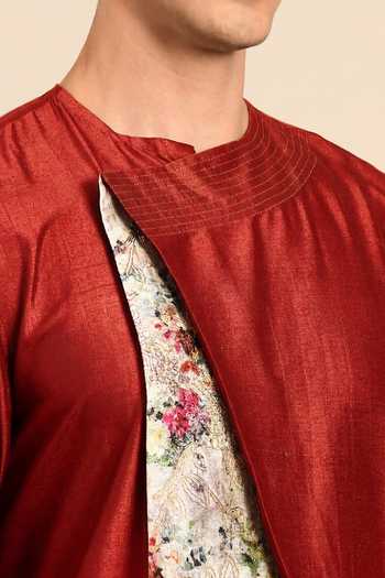 Shop_Mayank Modi - Men_Red Silk, Chanderi Toasted Ginger And Botanical Glaze Printed Kurta Set 