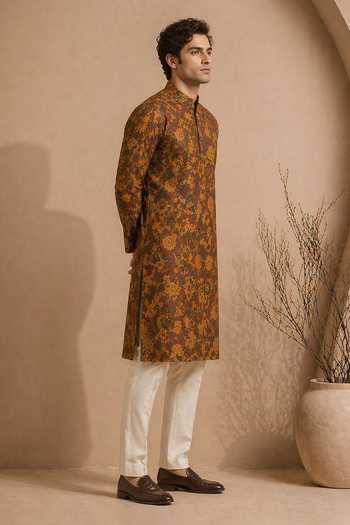 Buy_Mayank Modi - Men_Brown Chanderi Heritage Vanguard Print Kurta Set _Online_at_Aza_Fashions