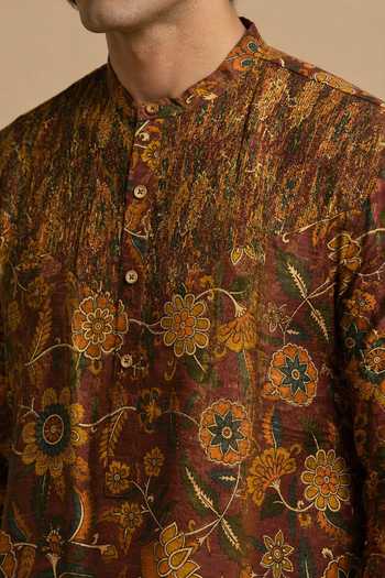 Mayank Modi - Men_Brown Chanderi Heritage Vanguard Print Kurta Set _at_Aza_Fashions