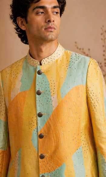 Shop_Mayank Modi - Men_Blue Muslin Digital Noir Print Sherwani Set _Online_at_Aza_Fashions