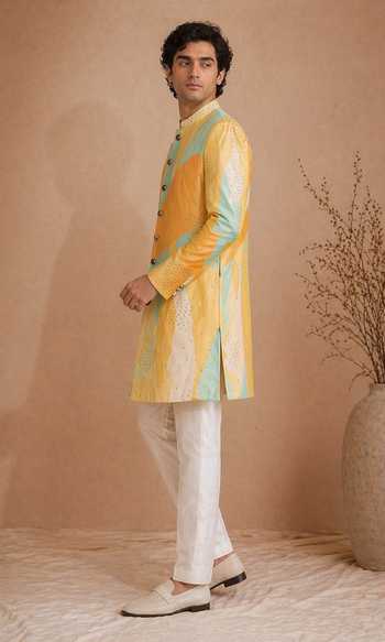 Buy_Mayank Modi - Men_Blue Muslin Digital Noir Print Sherwani Set 