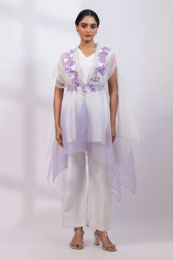 Buy Smriti By Anju Agarwal Ivory Silk, Organza V-, Shawl Whisper Embroidered Cape Pant Set Online at Aza Fashions Buy_Smriti By Anju Agarwal_Ivory Silk, Organza V-, Shawl Whisper Embroidered Cape Pant Set _Online_at_Aza_Fashions