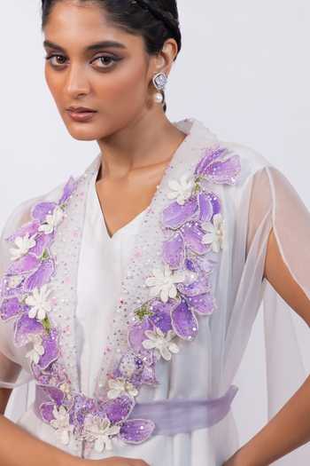 Buy Smriti By Anju Agarwal Ivory Silk, Organza V-, Shawl Whisper Embroidered Cape Pant Set Buy_Smriti By Anju Agarwal_Ivory Silk, Organza V-, Shawl Whisper Embroidered Cape Pant Set