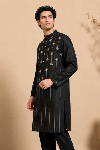 Mayank Modi - Men Black Silk, Bemberg Gold-leaf Float Embroidered Kurta Set Online at Aza Fashions Mayank Modi - Men_Black Silk, Bemberg Gold-leaf Float Embroidered Kurta Set _Online_at_Aza_Fashions
