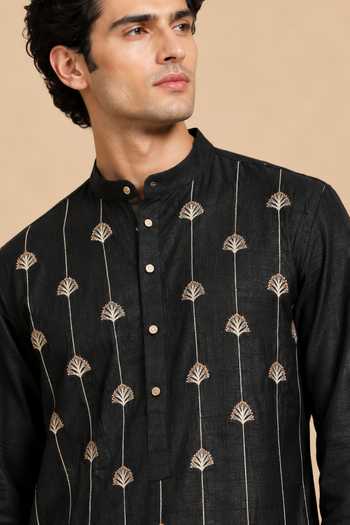Buy Mayank Modi - Men Black Silk, Bemberg Gold-leaf Float Embroidered Kurta Set Buy_Mayank Modi - Men_Black Silk, Bemberg Gold-leaf Float Embroidered Kurta Set