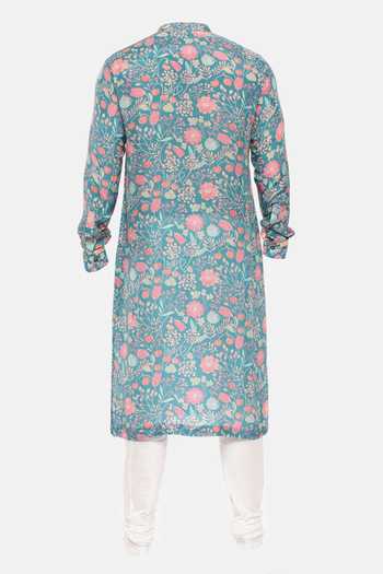 Shop Mayank Modi - Men Blue Muslin Embroidery Mughal Print Kurta Set For Kids at Aza Fashions Shop_Mayank Modi - Men_Blue Muslin Embroidery Mughal Print Kurta Set For Kids_at_Aza_Fashions
