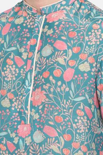 Mayank Modi - Men Blue Muslin Embroidery Mughal Print Kurta Set For Kids Online at Aza Fashions Mayank Modi - Men_Blue Muslin Embroidery Mughal Print Kurta Set For Kids_Online_at_Aza_Fashions
