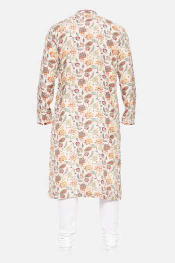Shop Mayank Modi - Men Ivory Muslin Embroidery Mughal Floral Print Kurta Set For Kids at Aza Fashions Shop_Mayank Modi - Men_Ivory Muslin Embroidery Mughal Floral Print Kurta Set For Kids_at_Aza_Fashions