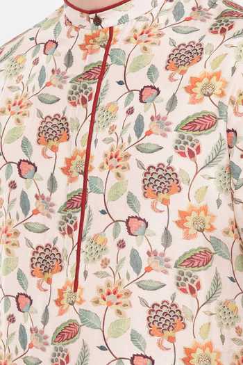 Mayank Modi - Men Ivory Muslin Embroidery Mughal Floral Print Kurta Set For Kids Online at Aza Fashions Mayank Modi - Men_Ivory Muslin Embroidery Mughal Floral Print Kurta Set For Kids_Online_at_Aza_Fashions