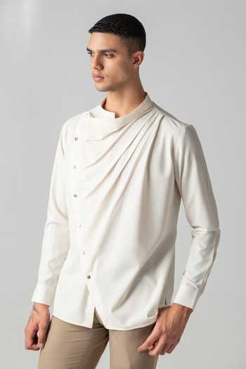 Amit Arora Cream Tencel Asymmetrical Drape Shirt Online at Aza Fashions Amit Arora_Cream Tencel Asymmetrical Drape Shirt _Online_at_Aza_Fashions