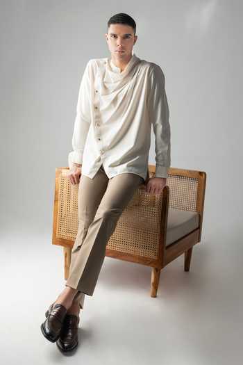 Amit Arora Cream Tencel Asymmetrical Drape Shirt at Aza Fashions Amit Arora_Cream Tencel Asymmetrical Drape Shirt _at_Aza_Fashions